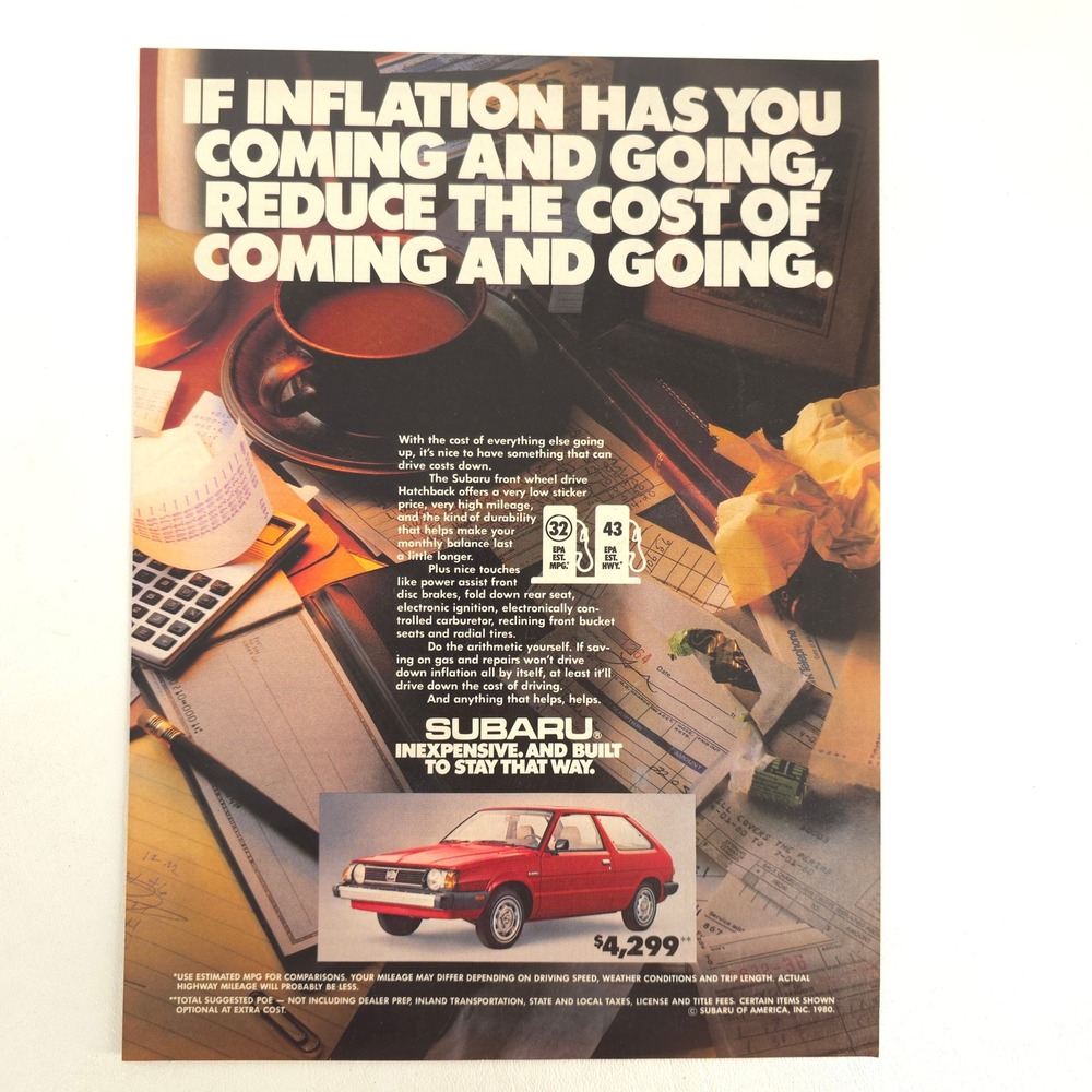 Subaru FWD Hatchback Print Ad 1980 Red Economy Car Vintage Garage Wall Decor Art